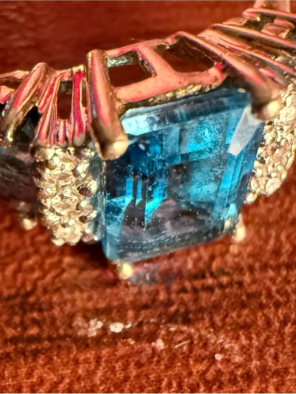 Estate Blue Emerald Cut Stone With Small Diamonds Statement Ring - Women Jewelry